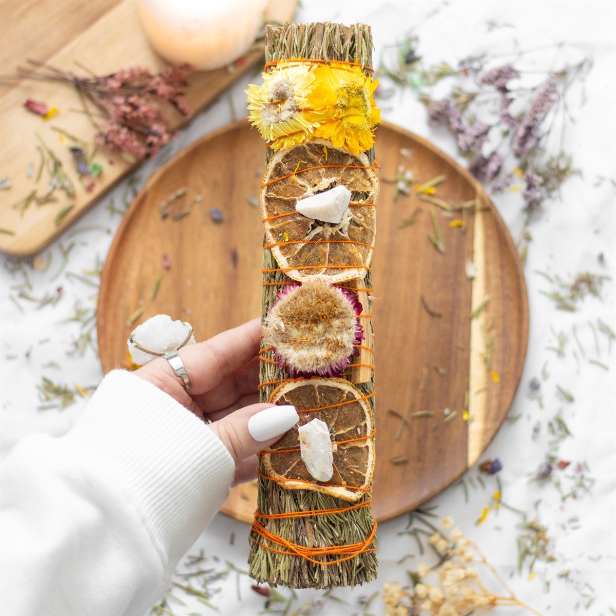 9In Ritual Wand With Rosemary, Palo Santo, And Quartz 1 9in ritual wand with rosemary, palo santo, and quartz