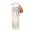 Aphrodite goddess candle with rose quartz crystals and neroli scent, on bone background with botanical sprig.