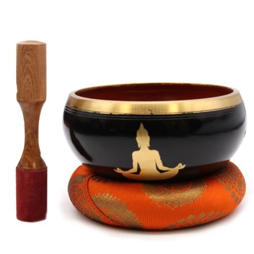 Large Black & Orange Buddha Tibetan Singing Bowl Set (14cm) | For Mindfulness & Sound Therapy