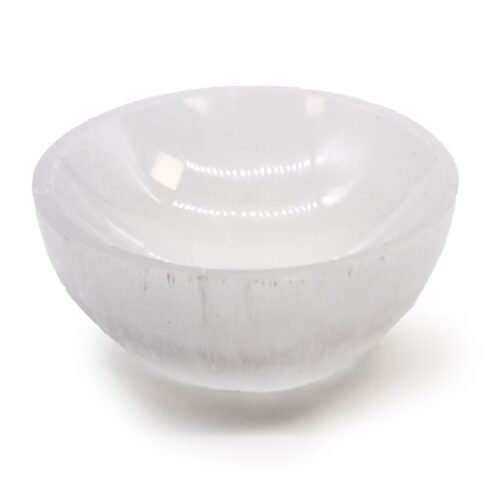 Selenite round bowl 8cm carved by hand natural gypsum charging dish Mystic Grove UK