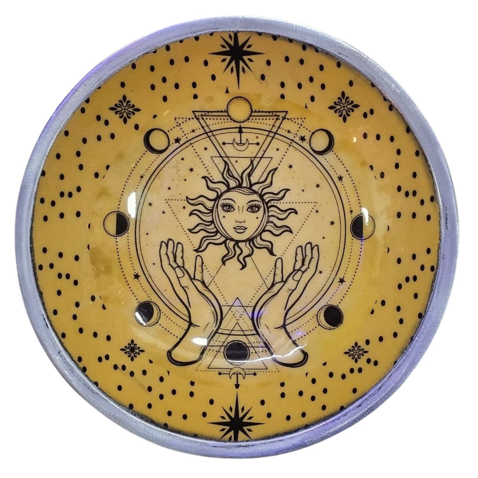 Triple Leg Enamelled Offering Plate - Hands &Amp; Sun 2 triple leg enamelled offering plate - hands & sun - image 2