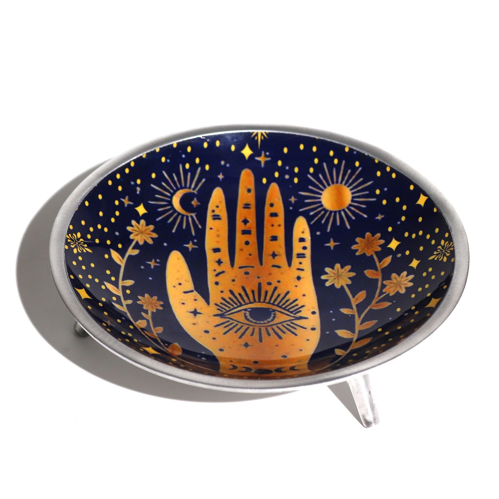 Triple Leg Enamelled Offering Plate - Hamsa Midnight Blue 1 triple leg enamelled offering plate - hamsa midnight blue