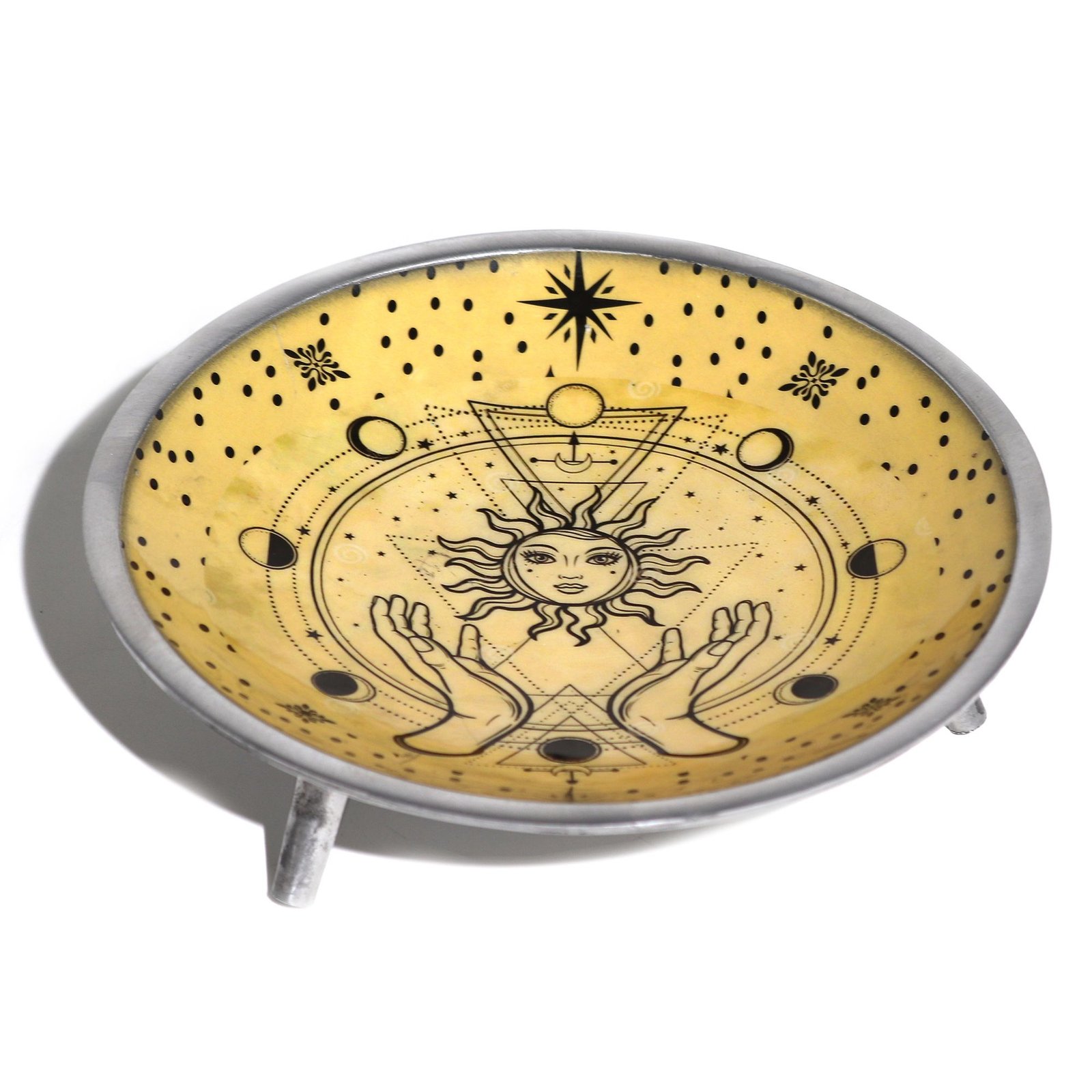 Triple Leg Enamelled Offering Plate - Hands &Amp; Sun 1 triple leg enamelled offering plate - hands & sun