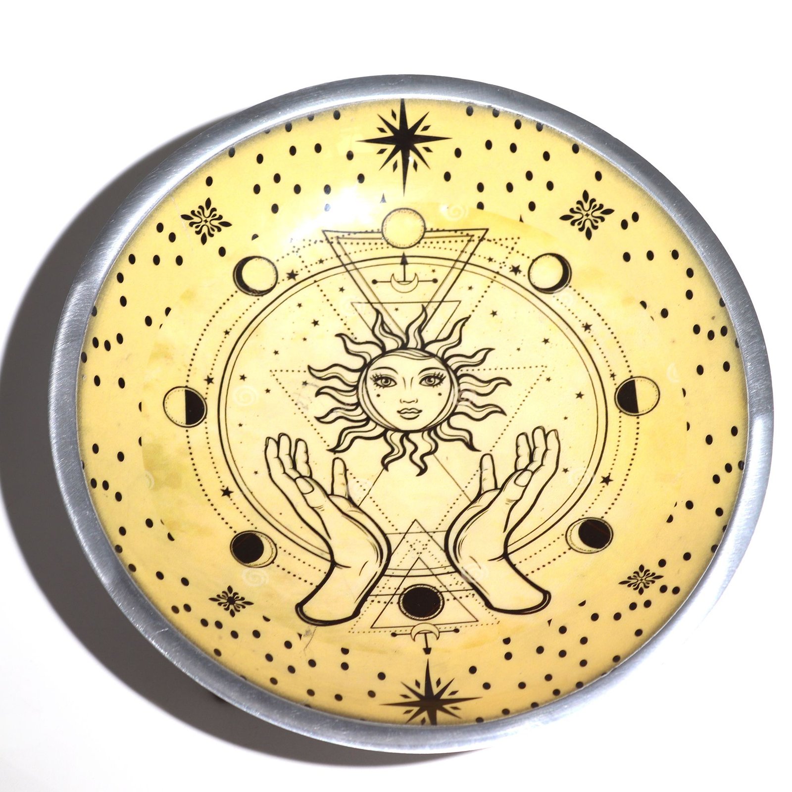Triple Leg Enamelled Offering Plate - Hands &Amp; Sun 3 triple leg enamelled offering plate - hands & sun - image 3