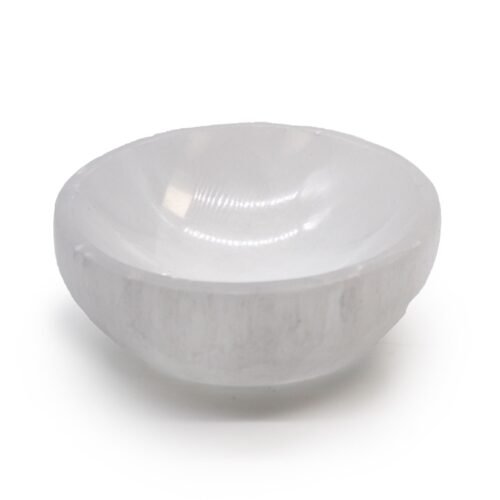 Selenite charging bowl 10cm round carved by hand natural gypsum altar dish Mystic Grove UK
