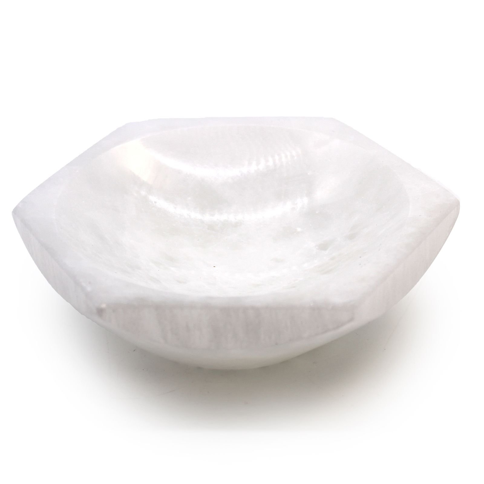 Selenite Hex Bowl - 15Cm 1 selenite hexagon bowl 15cm carved by hand natural gypsum sacred geometry charging dish mystic grove uk