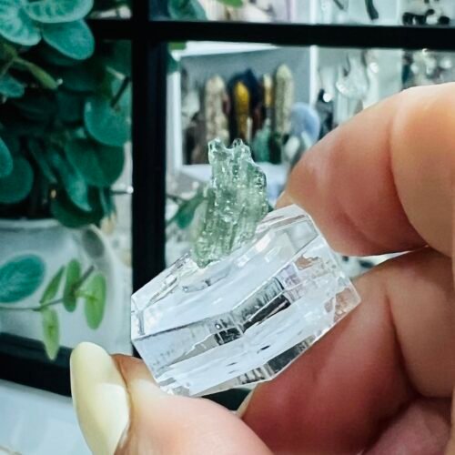 Raw moldavite C1 lit from behind showing the translucent pale green glass, 0.45g Czech tektite