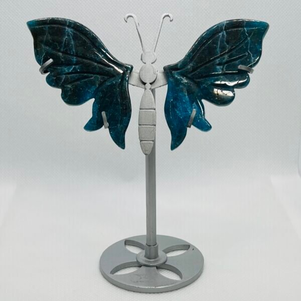 The Moon, The Feminine & The Crystals December 2025 12 Blue apatite butterfly wings on a silver stand