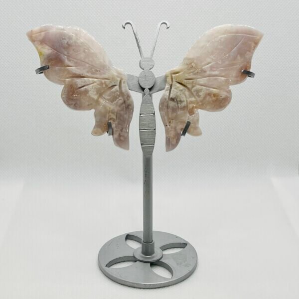 The Moon, The Feminine & The Crystals December 2025 13 Pink amethyst butterfly wings on a metal stand, 12cm wingspan, carved and polished pale pink stone, Mystic Grove UK