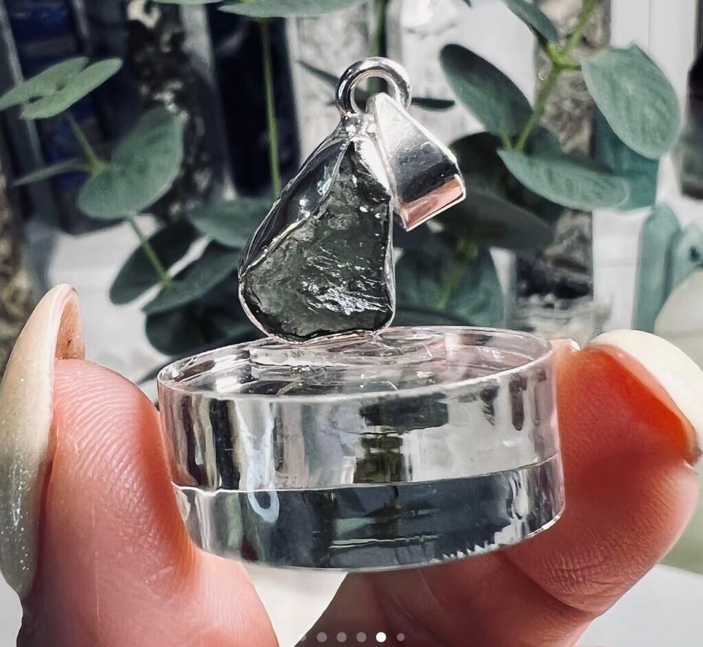 Raw moldavite pendant in 925 sterling silver, 1.73g Czech tektite with etched green surface, Mystic Grove UK