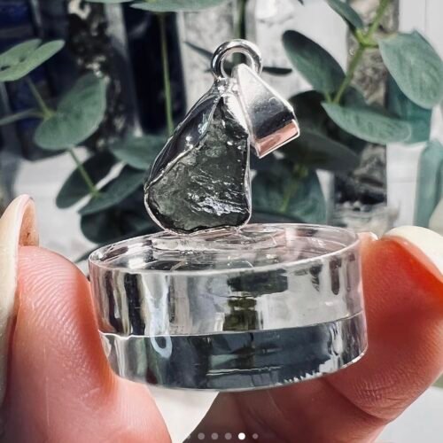 Raw moldavite pendant in 925 sterling silver, 1.73g Czech tektite with etched green surface, Mystic Grove UK