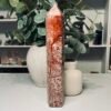 IMG_6819 Red leopard jasper tower 28cm with spotted orbs on a cream ground and deep rust red veining, Mystic Grove UK