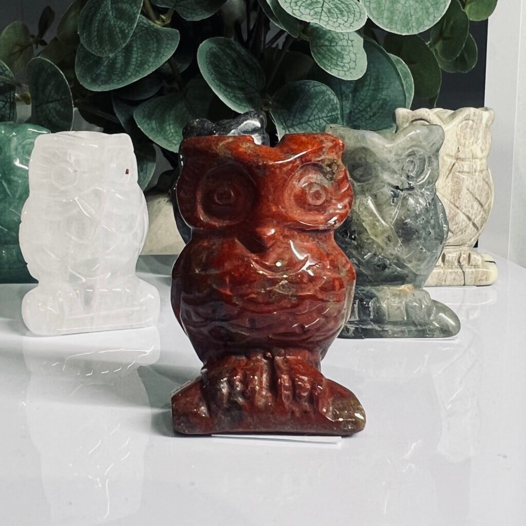Red jasper owl carving 5cm tall, brick red polished stone owl, Mystic Grove UK