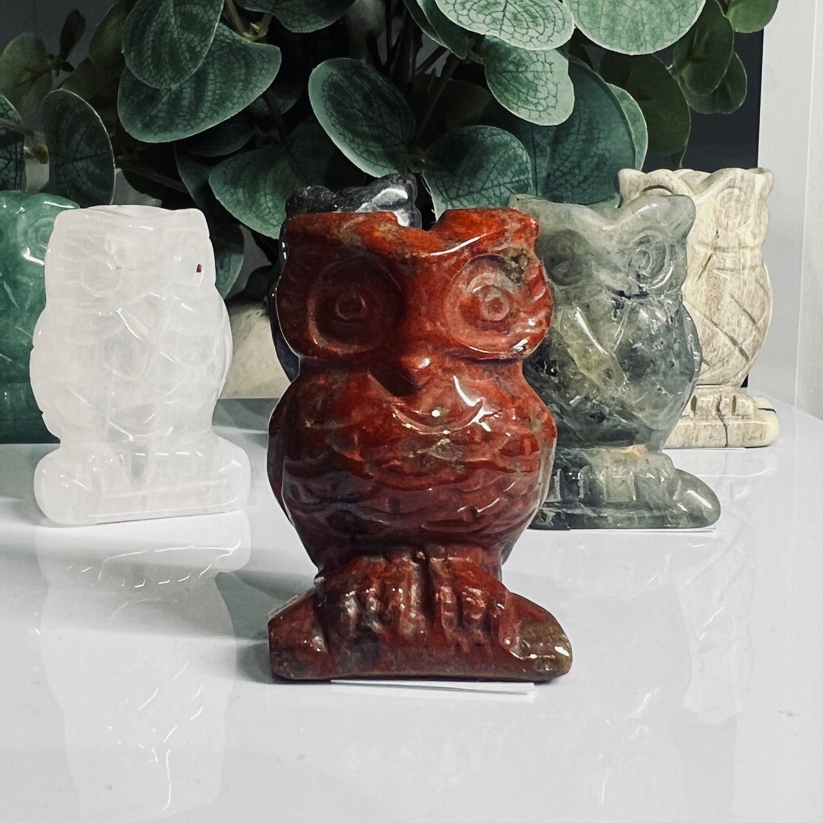 Red Jasper Owl Carving 5cm 1 Red jasper owl carving 5cm tall, brick red polished stone owl, Mystic Grove UK