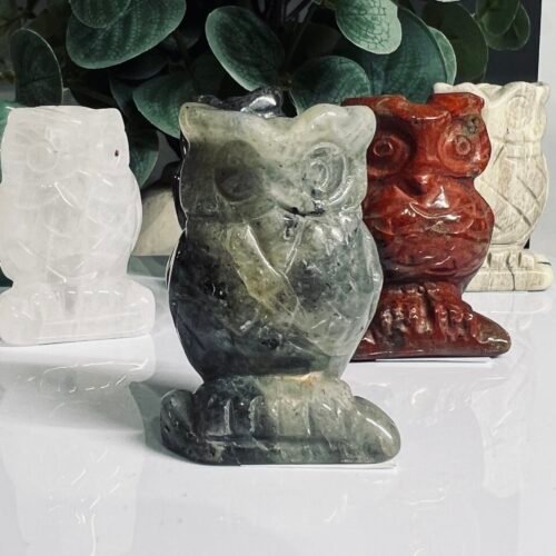 Labradorite owl carving 5cm tall, grey green polished stone owl, Mystic Grove UK