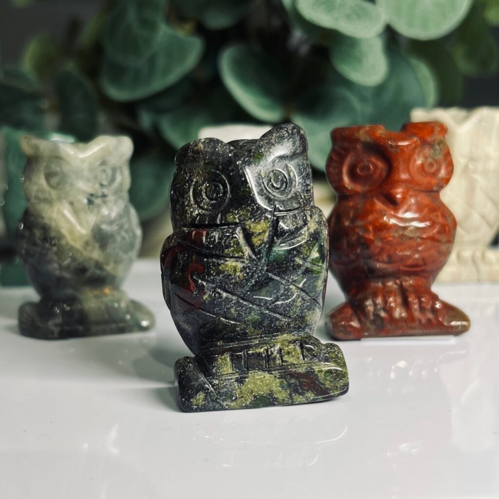 Dragon bloodstone owl carving 5cm tall, dark green stone owl with red markings, Mystic Grove UK