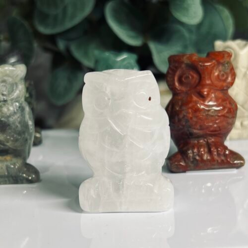 Clear quartz owl carving 5cm tall, milky white polished quartz owl, Mystic Grove UK