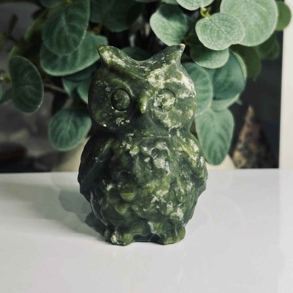 Green jade owl carving 9cm tall, deep mossy green stone owl, Mystic Grove UK