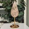 Rose quartz teardrop on gold stand 20cm tall, polished pink quartz, Mystic Grove UK