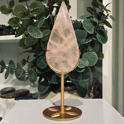 Rose quartz teardrop on gold stand 20cm tall, polished pink quartz, Mystic Grove UK