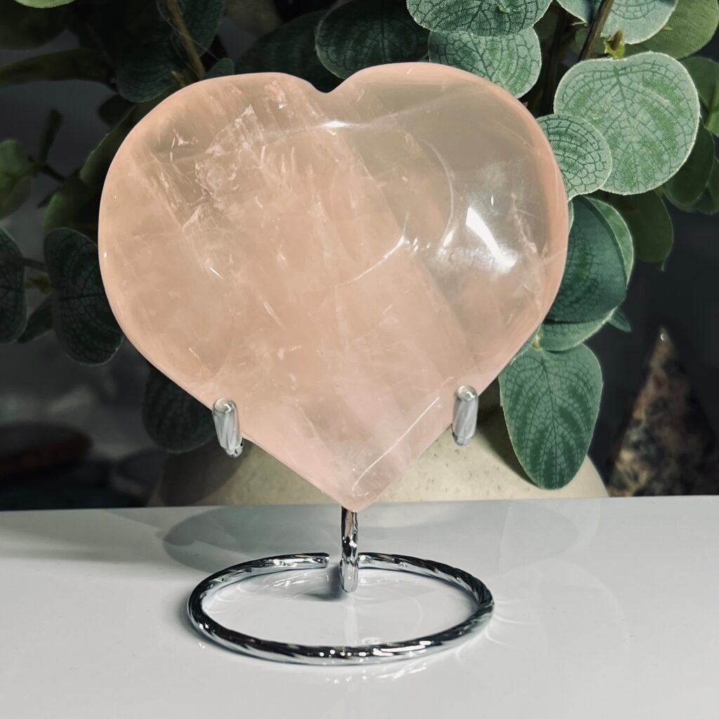 Large rose quartz heart on silver stand 12cm tall, polished pale pink quartz, Mystic Grove UK