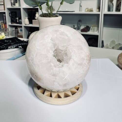 Pink amethyst sphere with druzy cave, 67mm 316g, pale blush and white polished quartz, Mystic Grove UK