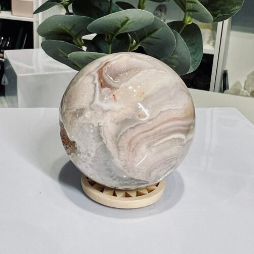 Flower agate sphere with druzy pockets, 57mm 201g, pale pink with blue banding, Mystic Grove UK