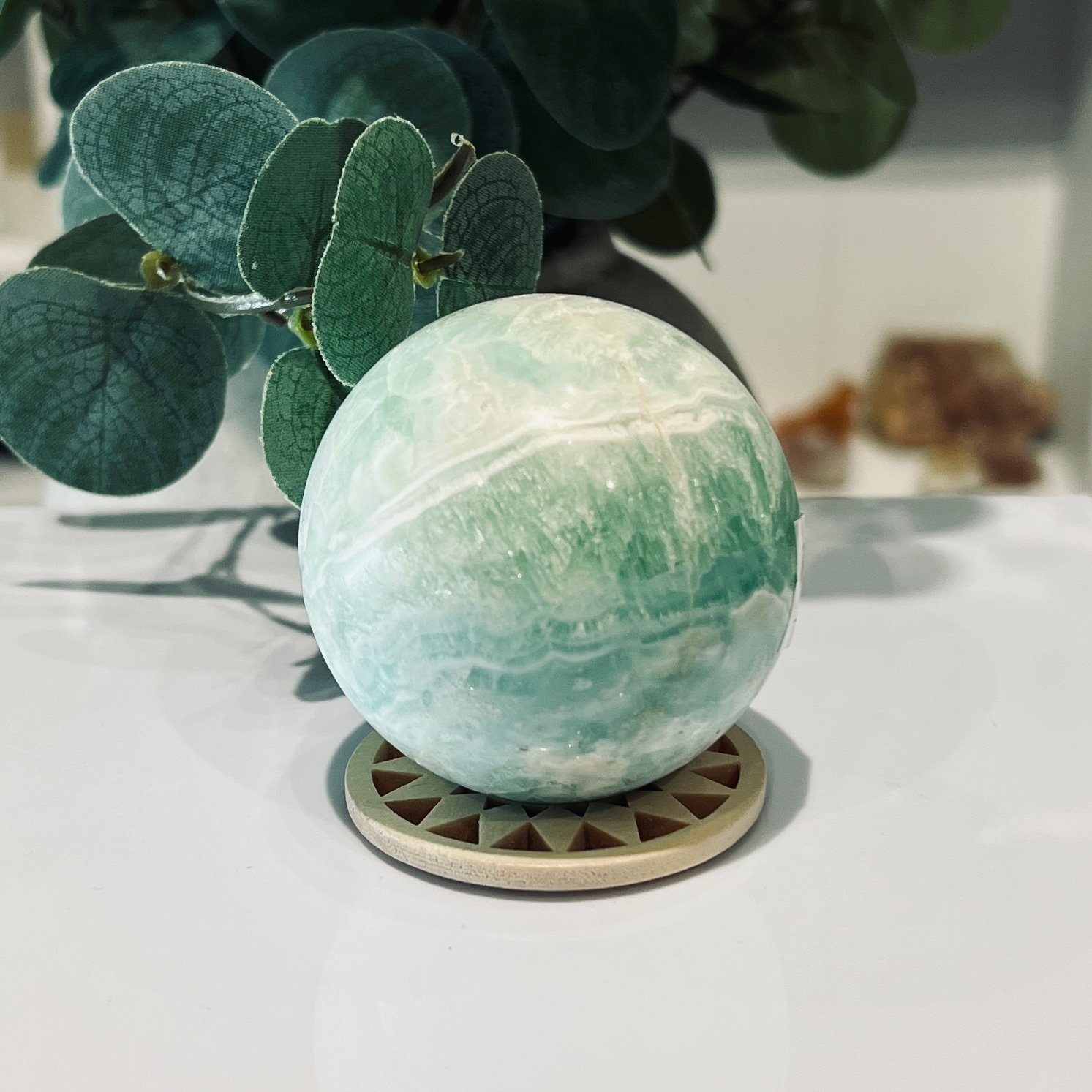 Hemimorphite Sphere 60mm 281g 1 Hemimorphite sphere, 60mm 281g, seafoam green and white banded zinc silicate, Mystic Grove UK