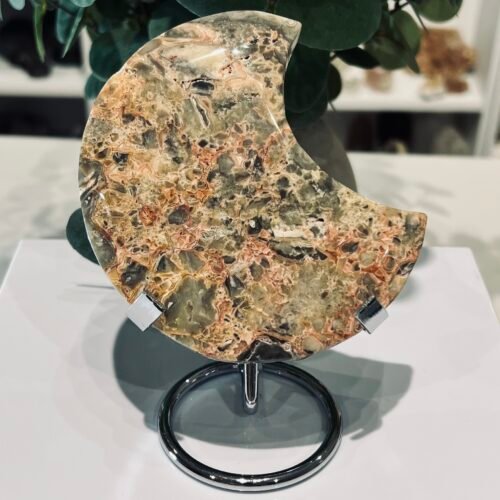 Crazy lace agate moon on a metal stand, 12cm span 240g, cream and olive with orange lace banding, Mystic Grove UK