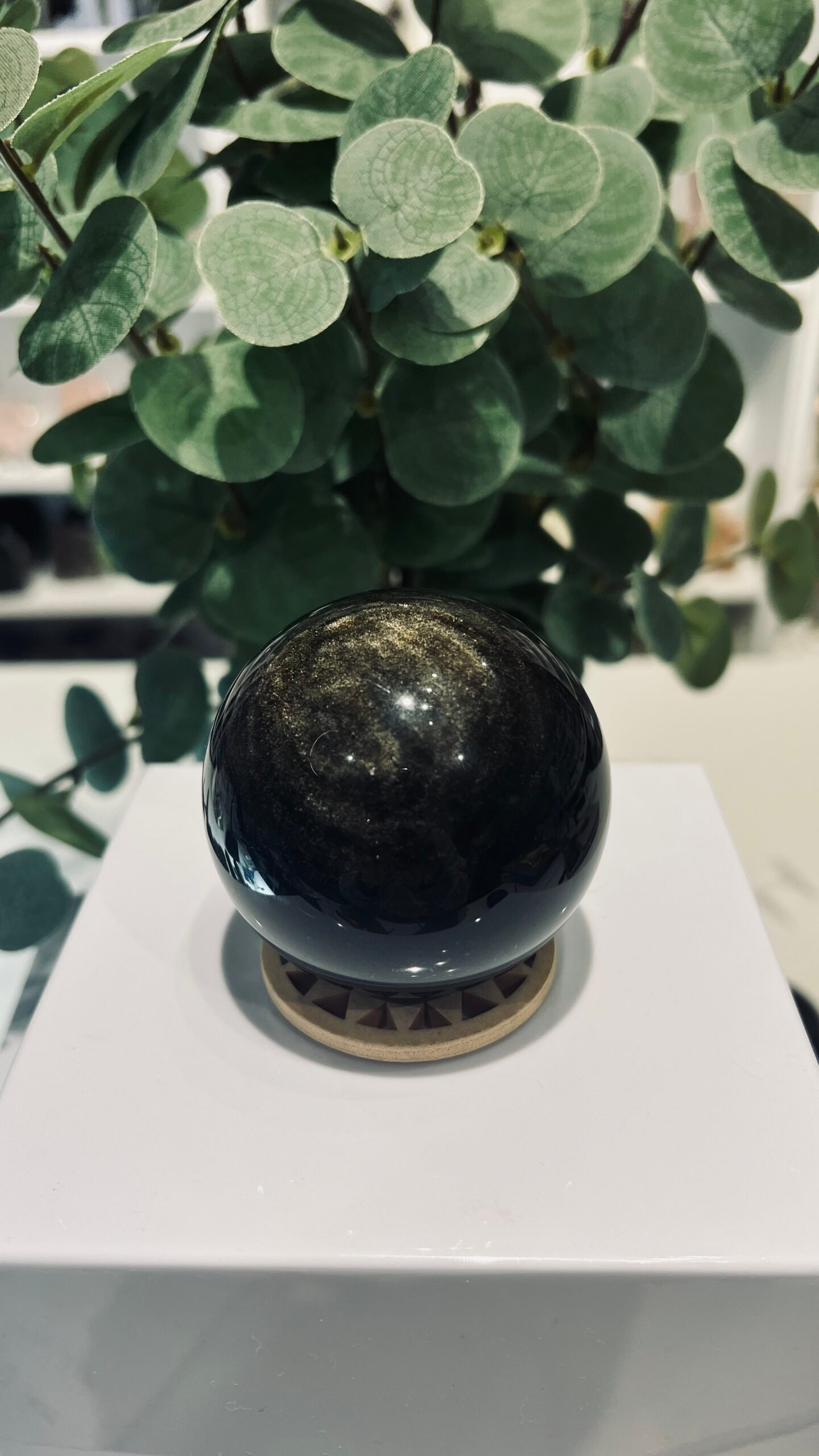 Gold Sheen Obsidian Sphere 63mm 318g 2 Gold sheen obsidian sphere showing gold shimmer across the reverse face as well as the front