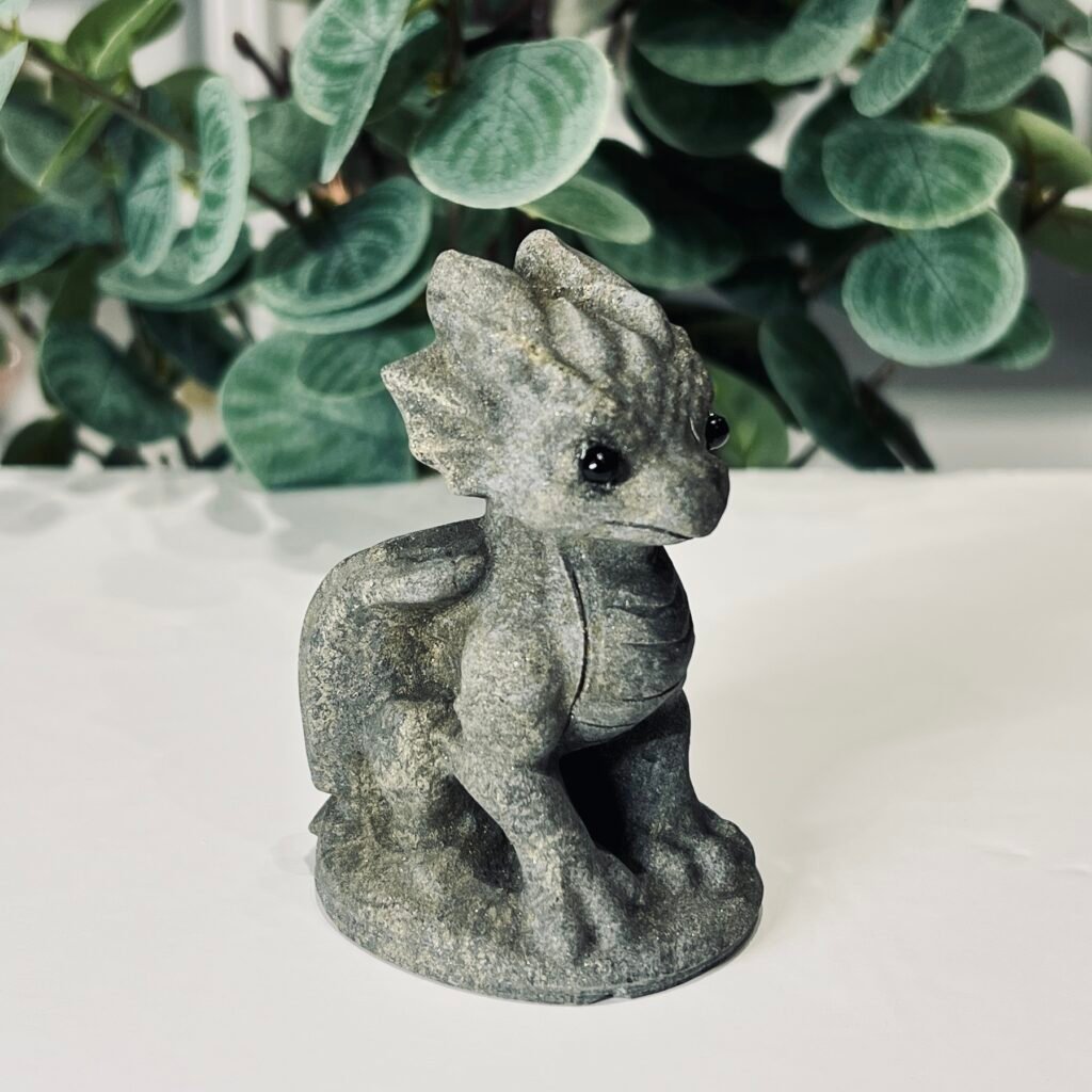 Pyrite dragon carving 8cm, gold and grey green sitting dragon with wide crest, Mystic Grove UK