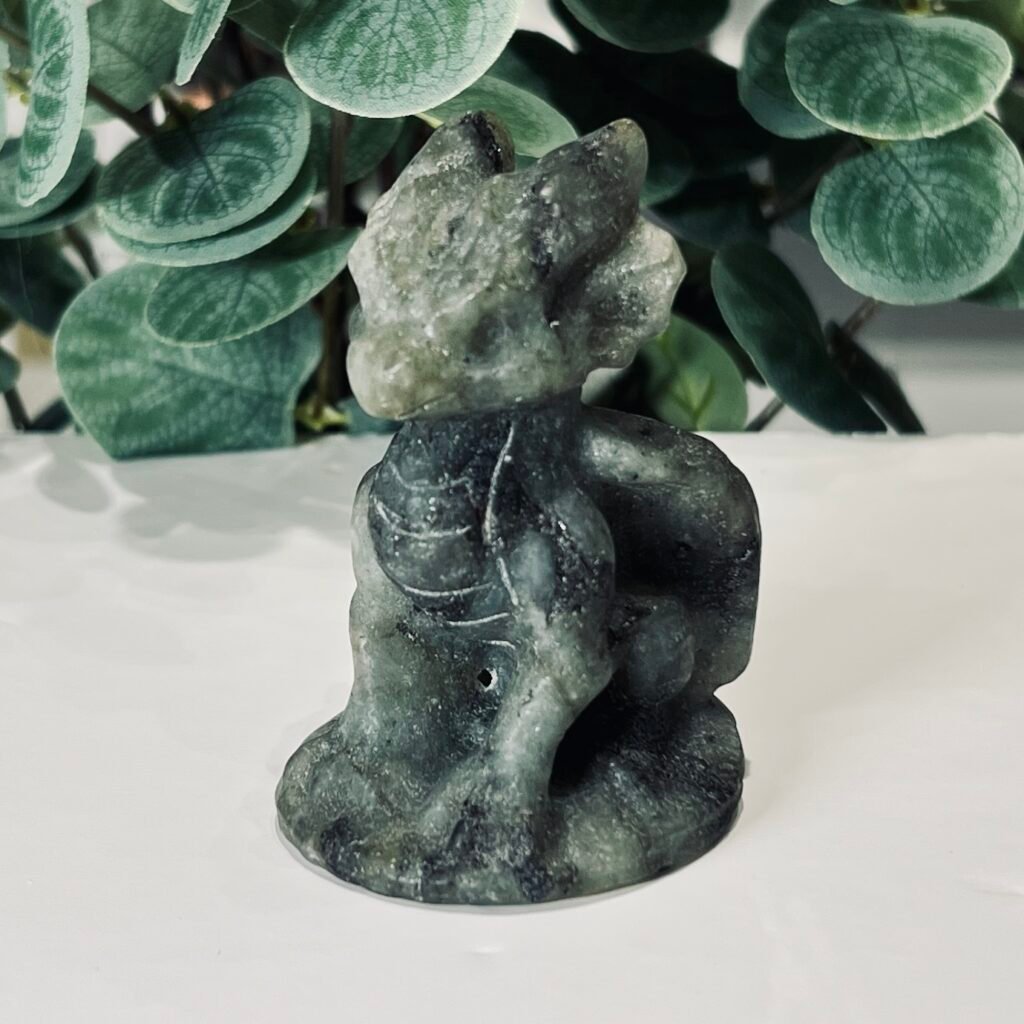 Labradorite dragon carving 8cm, grey green sitting dragon with raised crest, Mystic Grove UK