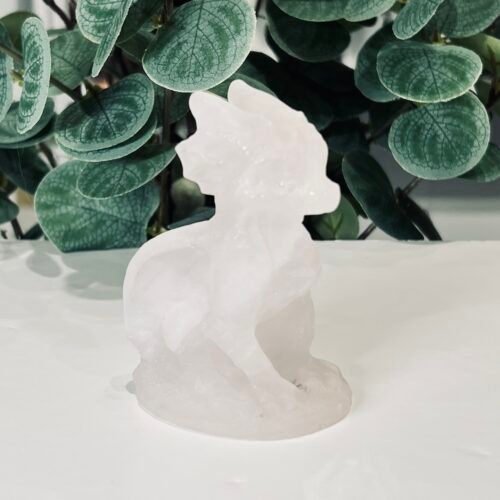 Rose quartz dragon carving 8cm, pale pink sitting dragon with raised crest, Mystic Grove UK