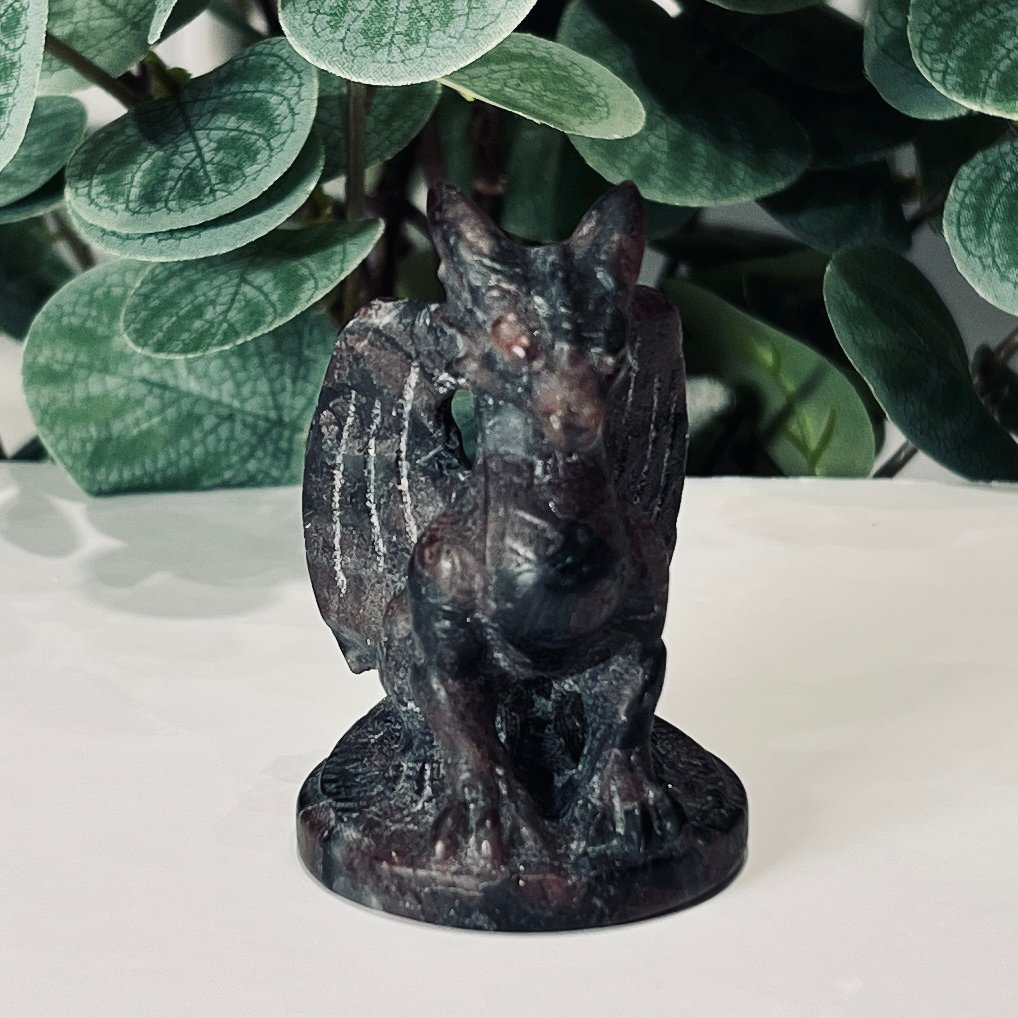 Garnet dragon carving 7cm, dark standing dragon with red garnet through the stone, Mystic Grove UK