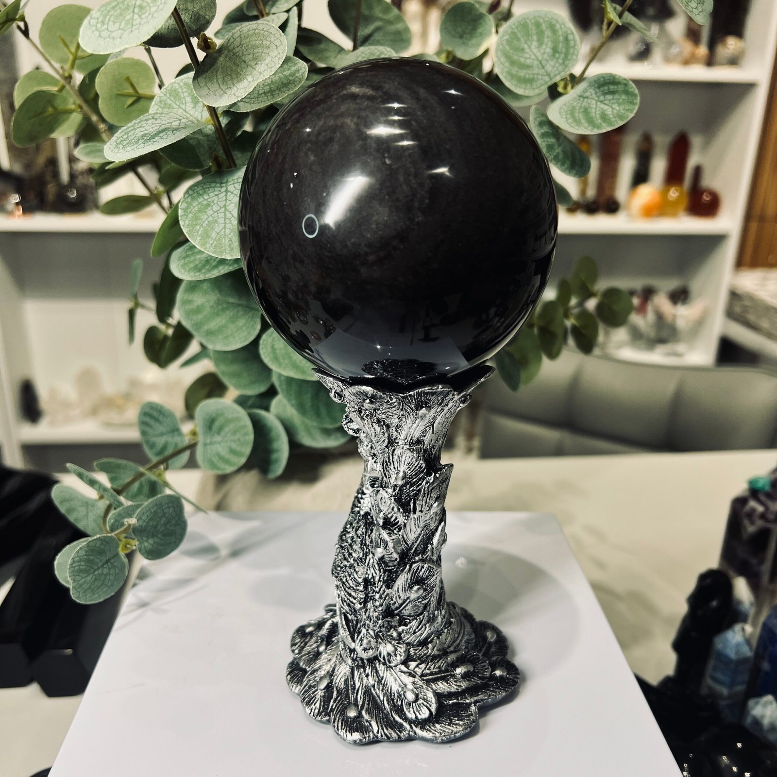 Silver Sheen Obsidian Sphere 90mm with Silver Stand 4 Silver Sheen Obsidian Sphere 90mm with Silver Stand - Image 4