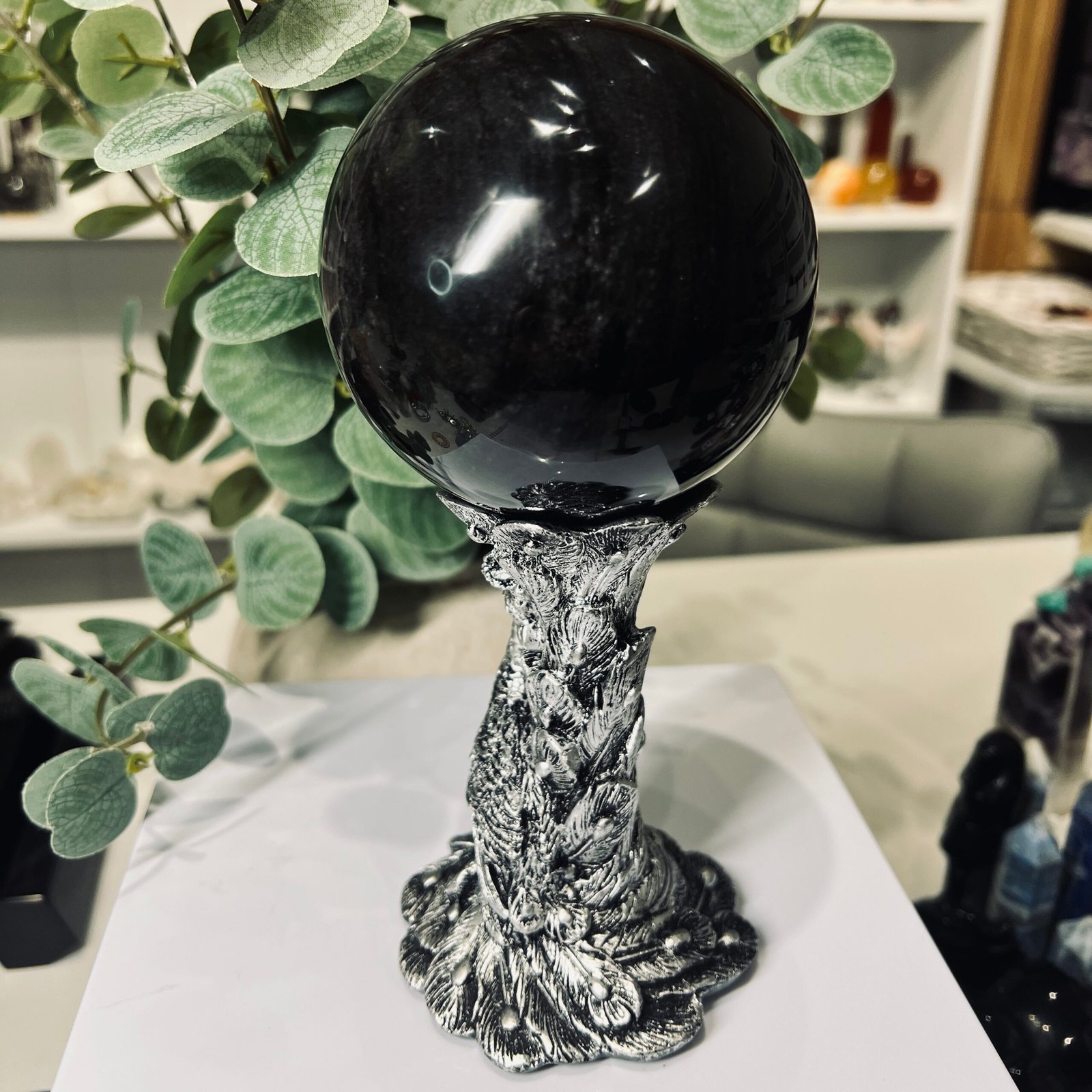 Silver Sheen Obsidian Sphere 90mm with Silver Stand 5 Silver Sheen Obsidian Sphere 90mm with Silver Stand - Image 5