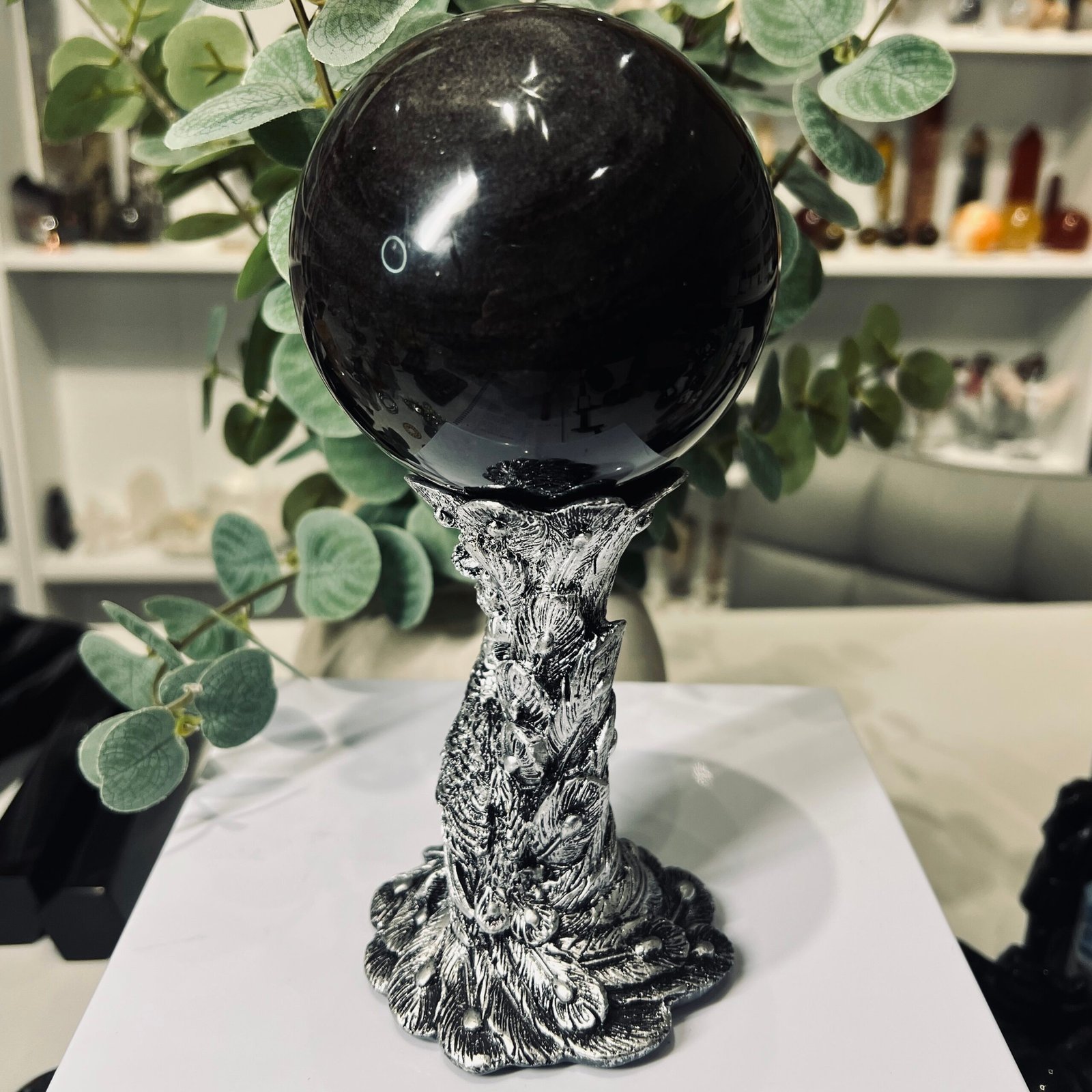 Silver Sheen Obsidian Sphere 90mm with Silver Stand 6 Silver Sheen Obsidian Sphere 90mm with Silver Stand - Image 6