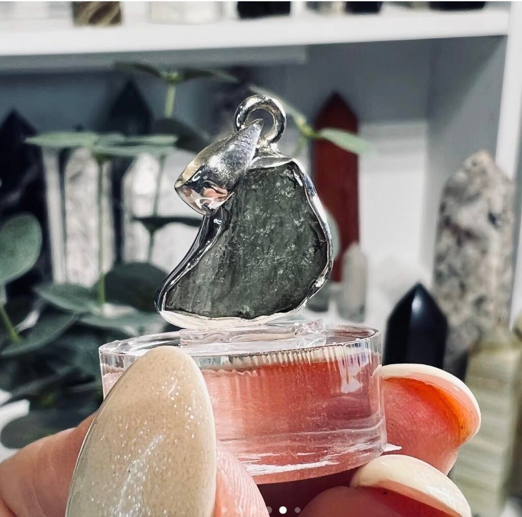 Raw moldavite pendant in 925 sterling silver, 2.12g Czech tektite with etched green surface, Mystic Grove UK