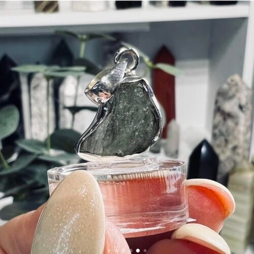 Raw moldavite pendant in 925 sterling silver, 2.12g Czech tektite with etched green surface, Mystic Grove UK