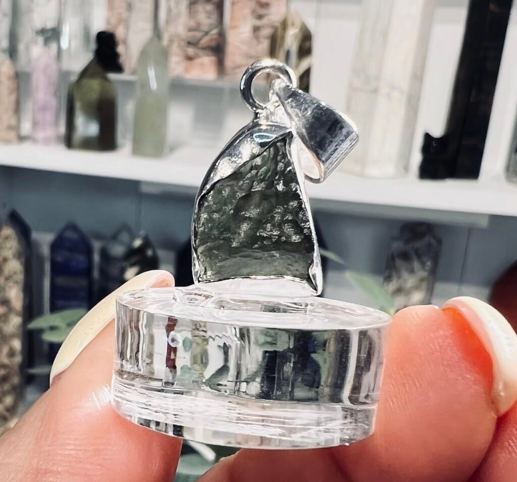 Raw moldavite pendant in 925 sterling silver, 2.58g Czech tektite with etched green surface, Mystic Grove UK