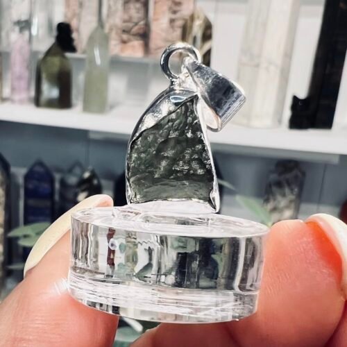 Raw moldavite pendant in 925 sterling silver, 2.58g Czech tektite with etched green surface, Mystic Grove UK