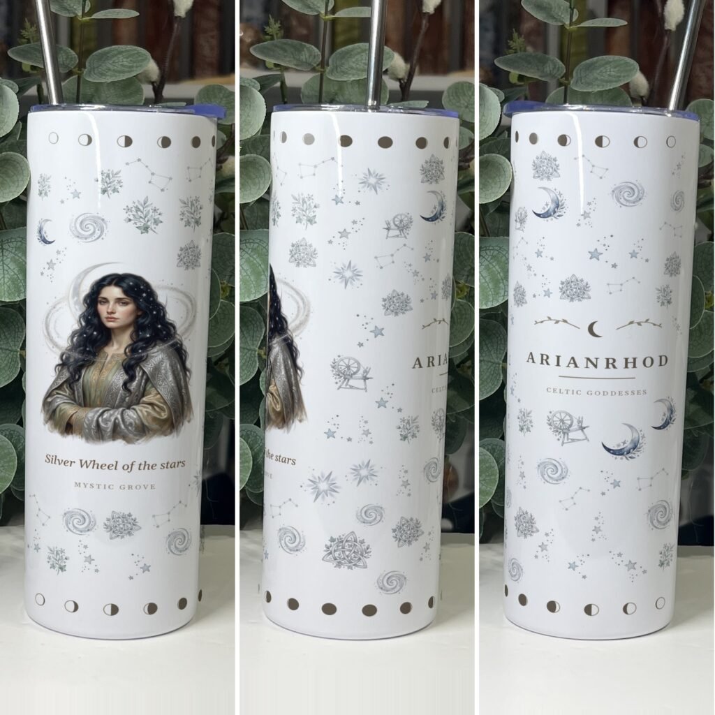 Arianrhod goddess tumbler 20oz skinny with straw, front, side and back views, Mystic Grove