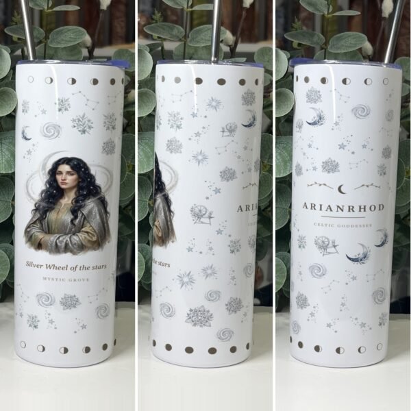 Arianrhod: Welsh Goddess of the Silver Wheel, the Moon and the Stars 8 Arianrhod goddess tumbler 20oz skinny with straw, front, side and back views, Mystic Grove