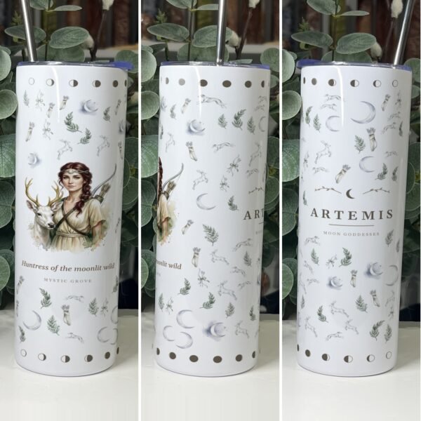 Artemis: Greek Goddess of the Hunt and the Hunter’s Moon 9 Artemis goddess tumbler 20oz skinny with straw, front, side and back views, Mystic Grove