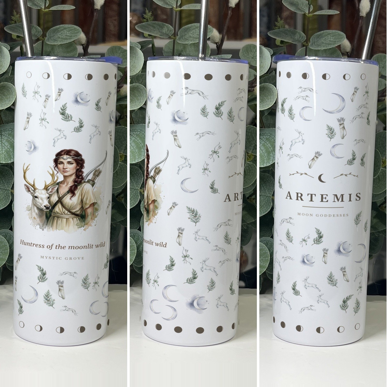 Artemis goddess tumbler 20oz skinny with straw, front, side and back views, Mystic Grove