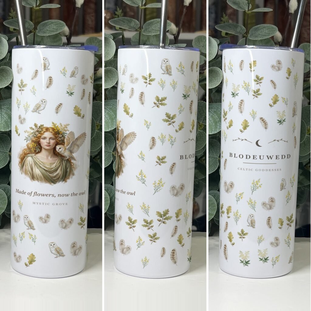 Blodeuwedd goddess tumbler 20oz skinny with straw, front, side and back views, Mystic Grove