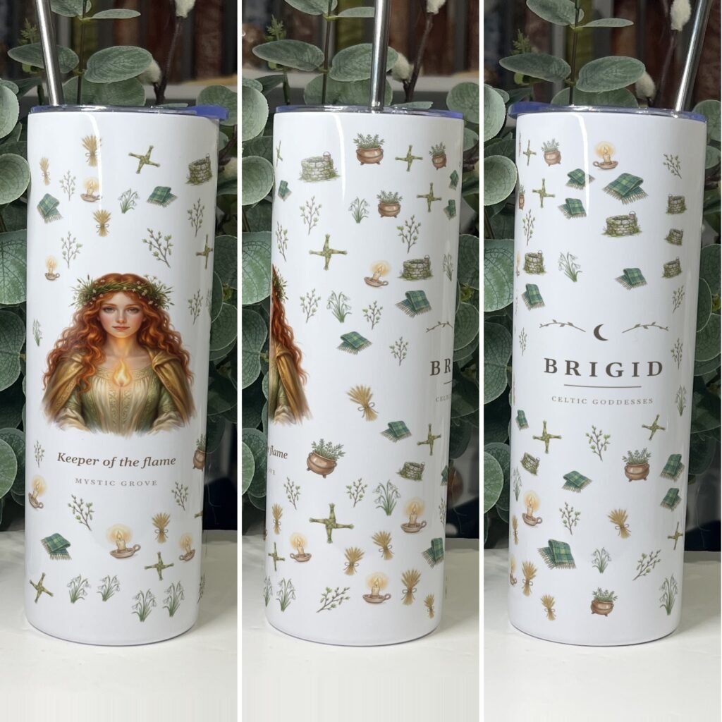 Brigid goddess tumbler 20oz skinny with straw, front, side and back views, Mystic Grove