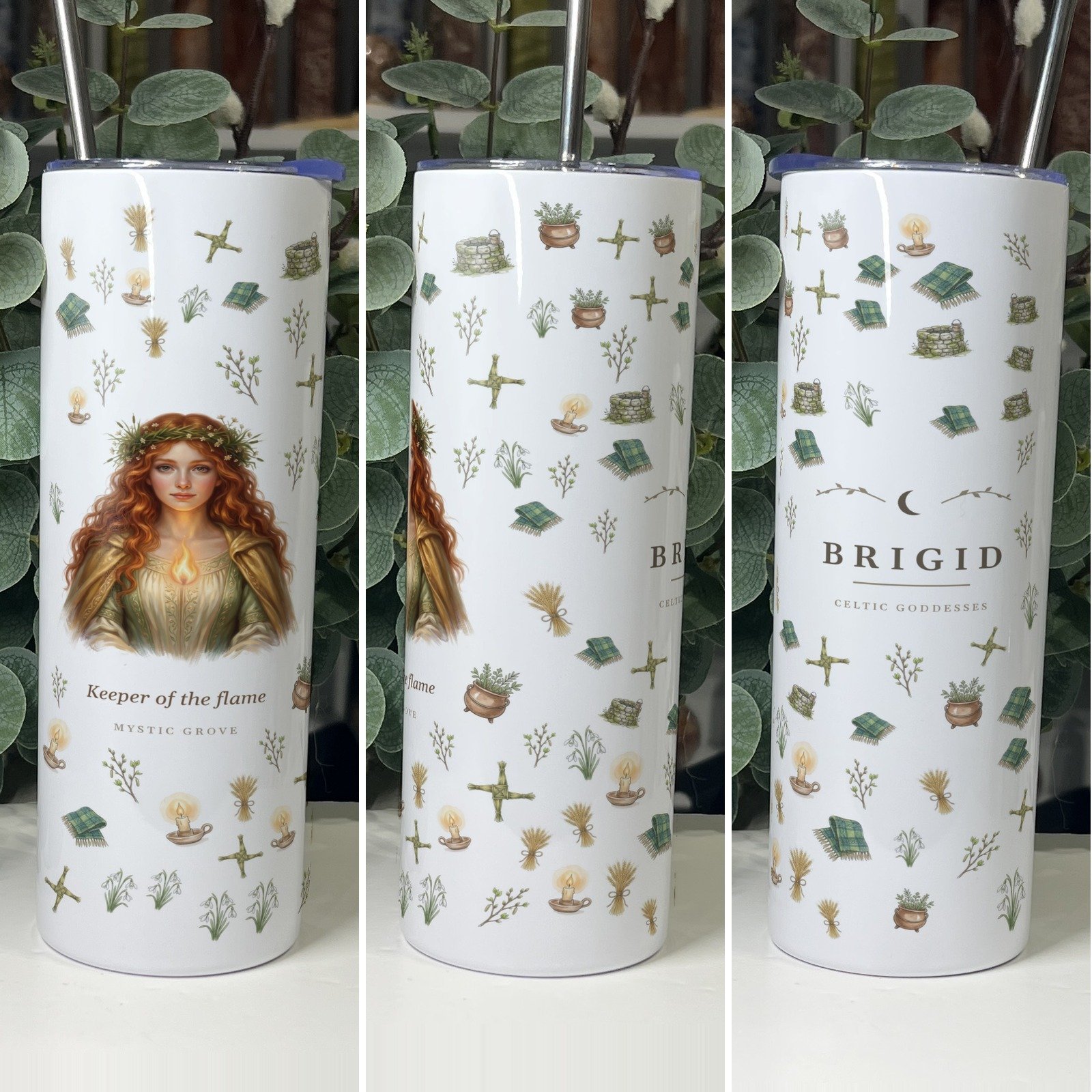 Brigid goddess tumbler 20oz skinny with straw, front, side and back views, Mystic Grove