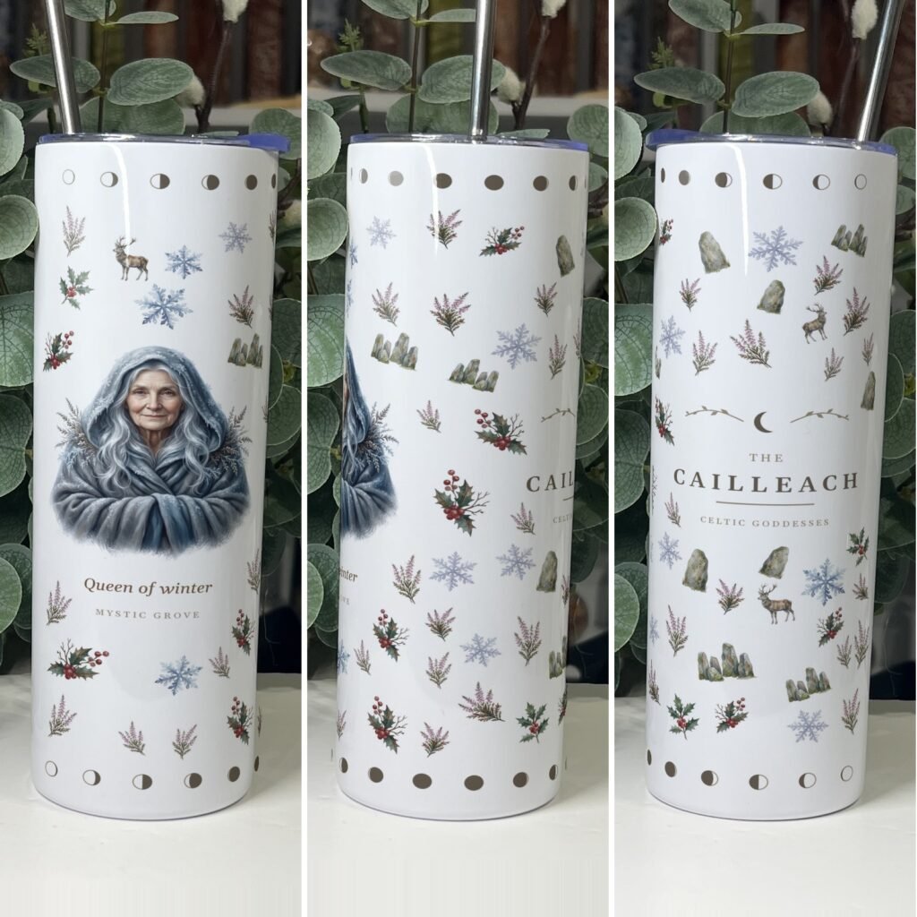 Cailleach goddess tumbler 20oz skinny with straw, front, side and back views, Mystic Grove