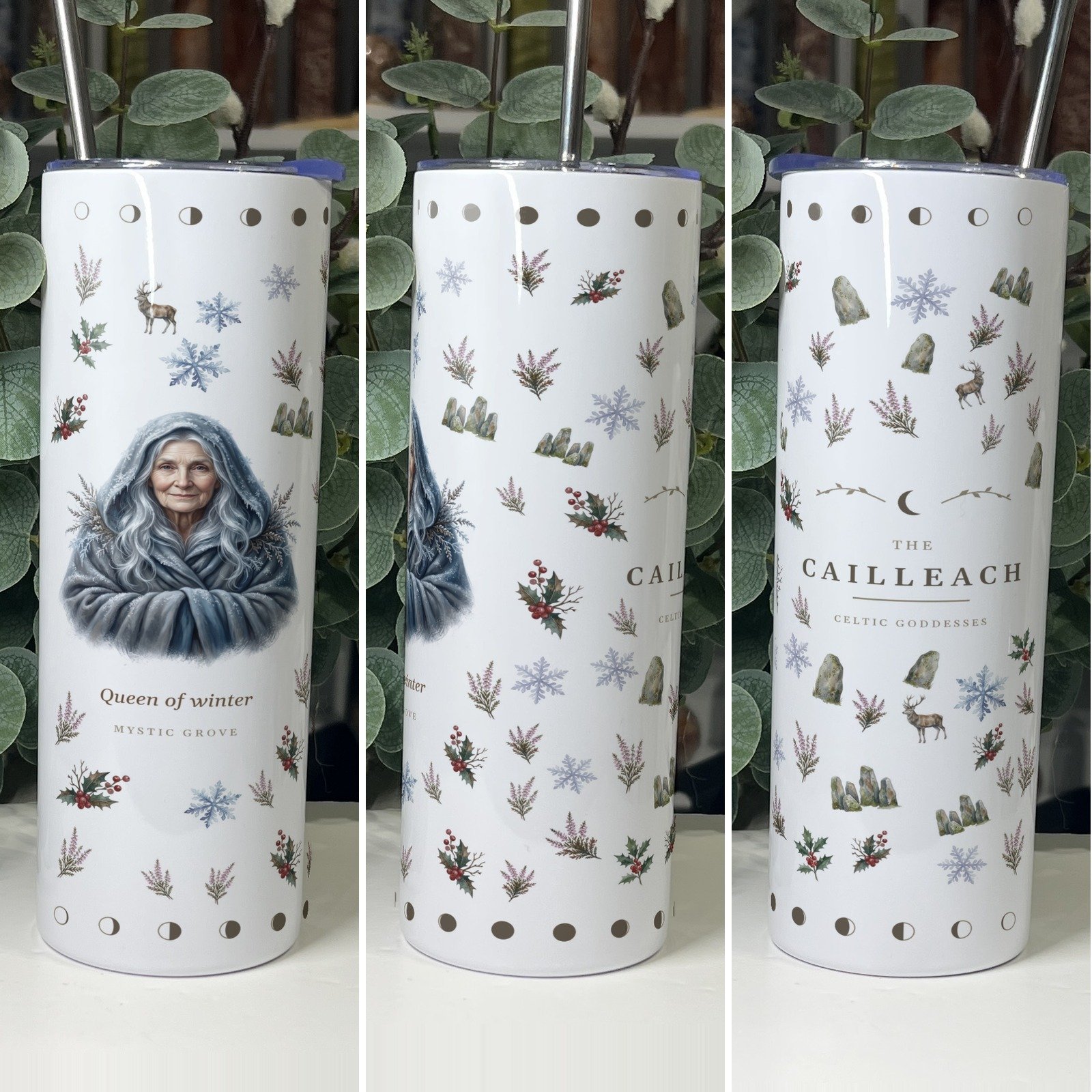 Cailleach goddess tumbler 20oz skinny with straw, front, side and back views, Mystic Grove